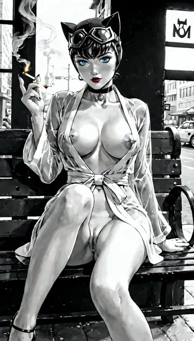 Girl in noir style, Catwoman from DC Comics wearing a mini see-through kimono, vagina, goggles, she is sitting on a bench near a blue pool, smoking a cigarette, noir, full horizontal body, (puffy breasts), pierced nipples, night city, nipple slip, blue eyes, red lips, . Style, drawn in black and white colors., one, breast, <lora:one breast out XL:.5>, anime style, noir style, black and white drawing, ((the background is noir style black and white))