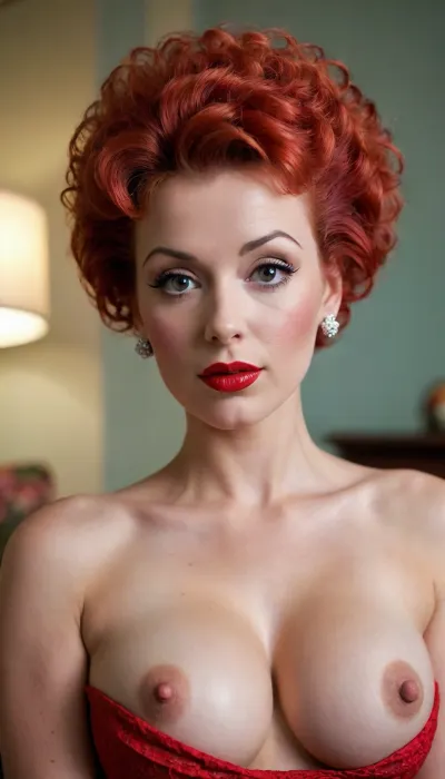 Face and naked breasts, 50's pinup, red poodle cut bouffant