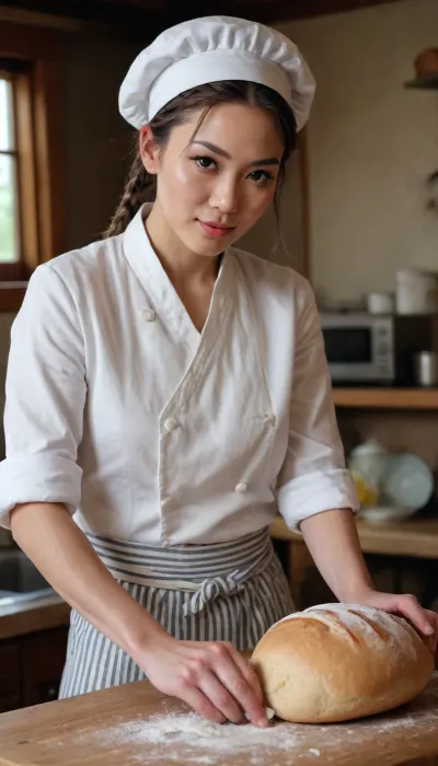 Beautiful punky Japanese baker with an undercut hairstyle and braids, kneading bread dough in a rustic home kitchen, beautiful face, beautiful eyes, plump lips, unbuttoned chef's coat, natural body, natural face, knowing look on her face, smirk, ultra realistic, cinematic