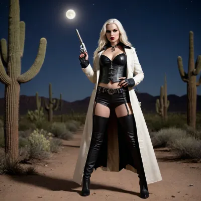 masterpiece, photorealistic, ((25 year old woman, vampire, posing with two drawn pistols pointing at viewer in arizona desert at night)), perfect face, subtle red eyes, prominent fangs, long white hair, tiny sunglasses, (long open leather duster coat, corset top, tight leather pants, thigh high leather boots, high heels), wide leather belt with silver concho decoration, (holding two revolvers), (colt revolvers), full body, (nighttime:1.1), crescent moon, cacti, spooky, haunted, m1v3y, <lora:madison ivy xl:.8>