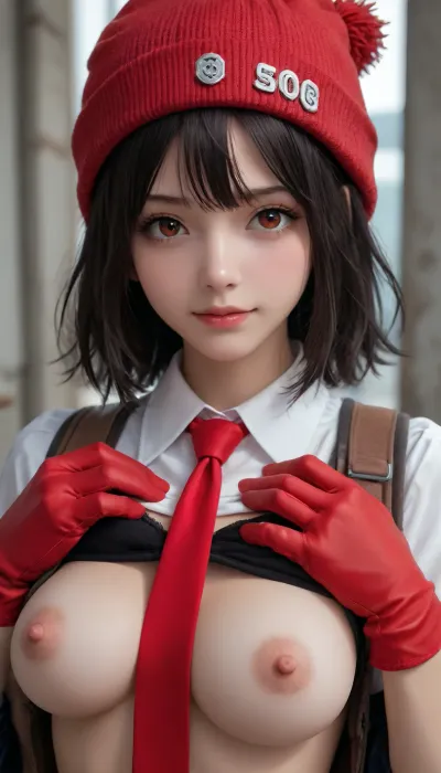 undead unluck, izumo fuuko, 1girl, beanie, black hair, bra, bra lift, breasts, breasts out, gloves, hat, large breasts, necktie, nipples, red eyes, red gloves, red headwear, red necktie, smile, solo, trembling, underwear, upper body