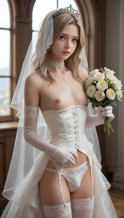 1boy, blonde hair, blue eyes, bouquet, bridal veil, bride, bulge, choker, corset, elbow gloves, erection, flower, garter belt, garter straps, gloves, jewelry, lingerie, long hair, male focus, necklace, nipples, panties, ring, solo, thighhighs, trap, underwear, veil, waistcoat, wedding ring, white gloves, white panties, white thighhighs