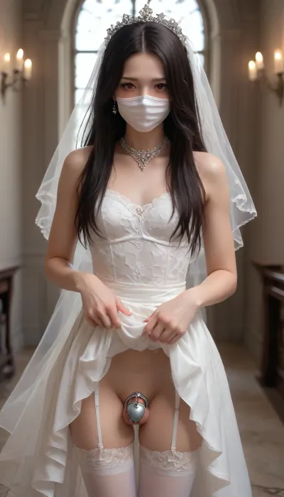 1boy, black hair, bride, chastity cage, clothes lift, crossdressing, dress, dress lift, flaccid, garter straps, half-closed eyes, heart, jewelry, lifted by self, long hair, looking at viewer, male focus, mask, penis, red eyes, wedding background, solo, sweat, testicles, thighhighs, trap, white thighhighs