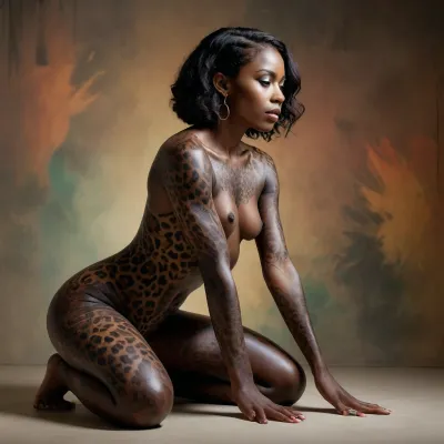 Full body side view of a black jaguar superimposed over a nude black woman on her hands and knees. The double exposure effect seamlessly merges her body with the jaguar's body, perfectly capturing her transformation from human to animal. Both the woman and the jaguar forms snarl at the viewer.
Background is a jungle