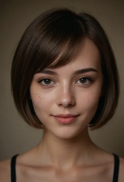 portrait of a beautiful girl, 18 yo, instagram model, sexy, thin, French-Korean, Bob haircut, (brown hair), perfect eyes, (matte skin details), innocent, (shy, smile), masterpiece, hyperrealistic photo, best quality, detailed, skin, blemish, <lora:add-detail-xl:2>, (skin spots), (makeup)