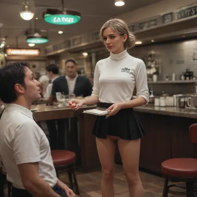 UHD 8K, extreme realism, maximum detail, crowded coffee shop, 1 seated man 1 standing woman looking at each other, (standing female waitress taking an order from a seated male customer:1.7), (waitress is wearing a modest turtleneck shirt:1.3), (waitress is wearing an extremely short microskirt leaving her vagina exposed:1.6), waitess is wearing flat shoes and thigh-high stockings, waitress is a very attractive blonde in her early 20s with long straight hair and a headband, (seated customer points at the menu:1.5), (customer is attractive and wearing a shirt and trousers:1.3)