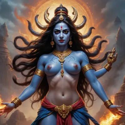 A powerful and awe-inspiring depiction of the Hindu goddess Kali, standing in a dynamic and fierce pose. Her skin is deep blue, glowing with a mystical aura, and her long, wild black hair flows freely, symbolizing her untamed energy. Her piercing eyes radiate divine power, and her face is adorned with traditional markings, exuding both wrath and motherly protection.

Kali has multiple arms, each holding a symbolic object, a blood-stained sword, a severed demon head, a trident, a skull cup filled with nectar, and other sacred items representing destruction and renewal. Her body is adorned with gold jewelry, skull necklaces, and a garland of freshly severed heads, emphasizing her role as the destroyer of ego and ignorance. She wears no clothing, embracing her primal, divine nature, her body exuding both power and fearlessness, untouched by shame or earthly constraints.

She stands atop the lifeless body of Lord Shiva, her foot pressing on his chest in a symbolic gesture of transcendence and cosmic balance. The background is an ethereal battlefield filled with flames, stormy clouds, and swirling divine energy, representing the chaos she controls. The lighting is dramatic, with a divine glow emanating from her form, highlighting her supreme presence.

The art style should reflect traditional Indian iconography with intricate details but also have a semi-realistic or fantasy quality, capturing the divine ferocity and grace of Kali. The overall mood of the image should be intense, evoking a mix of fear, respect, and spiritual awakening.”