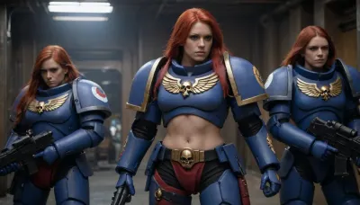 3 girls, three beautyful girls going to faiting in battle, (Warhammmer-40k), heavy fullbodyarmor with Vagina and breast cut on armor, (epic detailed decorated armor), bolters in hands, space-marine armor with Vagina and breast cut, (face masterpiece), red long hair, blue long hair, platinum long hair, (athletic body), (normal breasts), all body view, visible pussy and breasts, shaved pussy, Knight, bolter, power, primaris, <lora:primaris_marine-knight_armor-000007:.5>