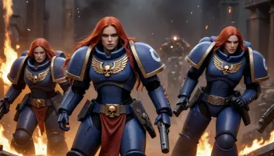 3 beautiful female warriors go into battle with bolters in their hands, the super sexy Space Marine armor has cutouts on the vagina and bust, normal breasts, normal hips, one girl has long blue hair, the second has long red hair, the third is a platinum blonde with long hair, Many imperial guards are fighting in the fire in the background, warhammer 40k, <lora:primaris_marine-knight_armor-000007:.5>