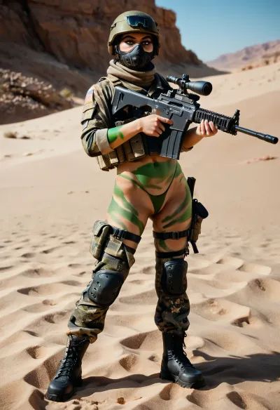 UHD 8K, extreme realism, maximum detail, army captain, 25yo, army snipers, rifles, ((naked but with full body black and green camouflage body paint ans small thong)), ski masks, exposed tits, modern warfare black and green camouflage helmet, sand, black army boots, desert, sahara, photorealistic, big tits, shaved pussies, all pointing at a target in the distance, looking away from viewer, angry serious faces, <lora:XL_Weapon_Sniper_Rifle_-_By_HailoKnight:.5>, <lora:M16 Rifle series:.5>, <lora:ski_mask:.5>