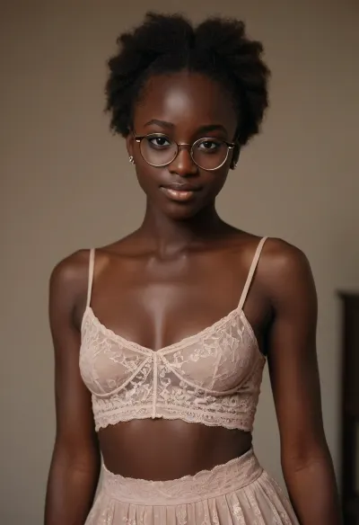 full body portrait of a beautiful girl, 18 yo, model, sexy, senegalese, perfect eyes, (matte skin details), glasses, medium breasts, innocent, shy, smiling, masterpiece, hyperrealistic photo, best quality, detailed, skin, blemish