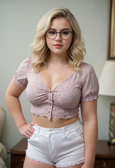 Woman, One, 18 Years old, White, Fat, Big breasts, Big ass, Beauty face, Makeup, Blonde hair, Medium hair, Fluffy hair, Blouse, Cotton shorts, Portrait, Standing, Glasses
