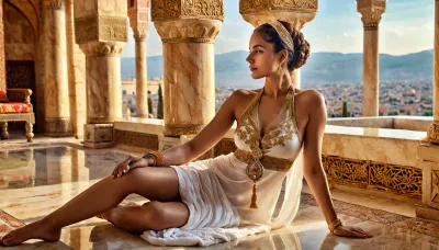 Five young African women in a Turkish harem setting, masterpiece, best quality, high resolution, ultra-detailed, HDR, soft lighting, deep focus, vibrant colors, perfect composition, photo-realistic, 8k wallpaper, intricate details, luxurious atmosphere, steam-filled air, marble columns, ornate arches, lavish decorations, mosaic tiles, warm tones, exotic fabrics, flawless anatomy, sharp facial features, clear depiction of hands and feet, youthful features, no signs of aging.
Women with very large breasts, wide hips, narrow waist, slim hourglass figures, toned bodies, clear skin, no excess weight, balanced proportions, natural light highlighting their features, relaxed poses, elegant body language, accurately rendered hands and feet, precise facial anatomy.
Highly detailed facial features, full lips, high cheekbones, dark eyes, natural curly or braided hairstyles, sharp jawline, defined eyebrows, light makeup, captivating expressions, clear and sharp facial details.
Wearing traditional Turkish attire, silk robes, veils, jewelry, bracelets, anklets, delicate embroidery, sheer fabrics, barefoot, some holding fans or towels.
Harem setting in a luxurious bathhouse, marble floors, decorated walls, steam rising from pools, cushions and pillows around, natural light filtering through the windows, soft reflections on the water, golden ornaments, detailed backgrounds.
Emotions range from calm and relaxed to playful, subtle smiles, peaceful expressions, engaged in conversation or resting.