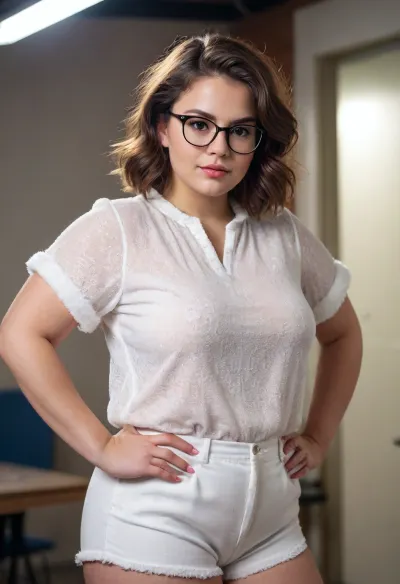 Woman, One, 20 Years old, White, Fat, Big breasts, Big ass, Beauty face, Makeup, Brunette hair, Medium hair, Fluffy hair, Blouse, Cotton shorts, Portrait, Standing, Glasses