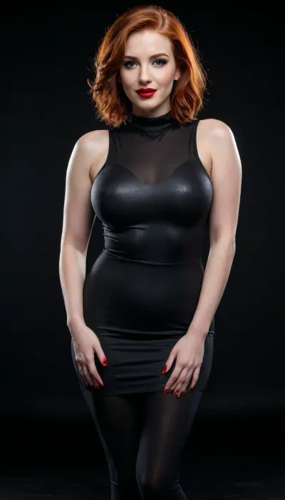 woman, beautiful face, bright green eyes, smiling seductively, red lipstick, long bob haircut, dress, gothic makeup, plump, no fat folds, redhead woman, huge breasts, high heels and platform shoes, black leggings, sweaty, oiled skin, ultra detailed, high resolution, (((Black background))), <lora:708827_training_data:.5>, <lora:detailed_notrigger:.5>, <lora:SDXL_BetterFaces-LoRA_v1:.5>