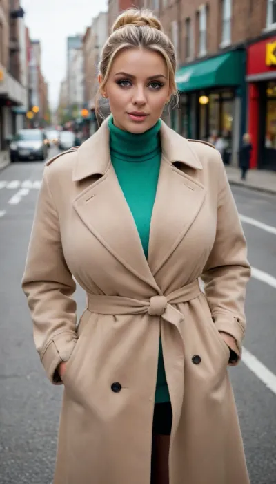 1girl, front view, full body, blonde hair in a bun, light green eyes, (large breasts), big boobs, huge tits, full body beige long coat, tight collared shirt, crew neck, buttoned to the neck, fully covered body, busy street, <lora:bombshell_v2:.7>