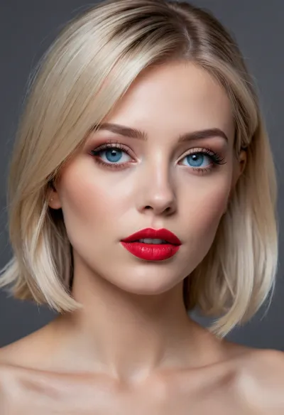 drawing with a thin silver liner 

bottom view half-turned to the side, chin view 

portrait close-up 

cute beautiful blonde white bob bob, gray -blue eyes, red matte plump lips, raised her head up, the sun 

Dior's style