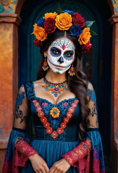 魅惑的な笑顔:死んだ水彩画の傑作の日 - 輝く肌、マキシドレス、そしてメキシコの美しさの精神