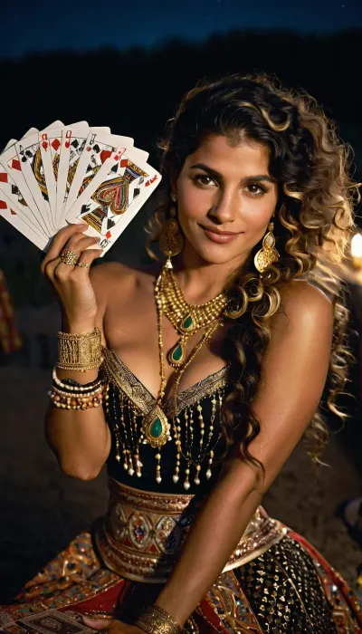 Portrait of a gypsy woman with a fan of playing cards facing the camera. She is wearing a bright, layered skirt decorated with gold and silver patterns. On her neck and wrists glisten massive jewelry made of gold and precious stones. Her hair is long and thick, jet-black, and falls in waves over her shoulders and back. Her eyes are deep and penetrating, sparkling like stars, and a mysterious smile plays on her lips. In her hands, she holds a fan of playing cards, which she has put out in the direction of the camera. Outdoor starry night.