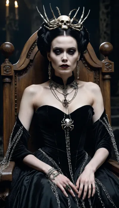A queen of the undead, with deathly pale skin and long black hair styled in an elaborate updo, adorned with silver chains and bones. She is dressed in a long, tattered gown of dark velvet, exposing her shoulders and part of her chest, with embroidered spiders and skulls. On her fingers are rings of bones, and on her face are scars that tell of her past. She sits on a throne of bones, in a dark hall with ghostly light.