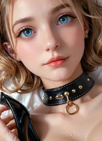 score_9, score_8_up, score_7_up, score_6_up, (photorealistic image), close-up shot, young cute caucasian maid, dark blond hair, very large breasts, garter belt, black leather cuffs, looking at viewer with a with a playful yet competitive grin, colorful victorian bedroom, slave collar, fully naked, lying on her back, (pulling her pussy lips far apart with both hands), black high heels, pissing, clear piss