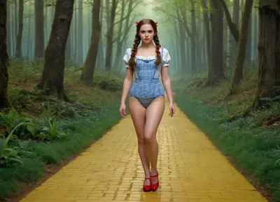 In the magical land of Oz she follows a yellow brick road through a creepy forest. She wears nothing but gingham panties and a pair of ruby red slippers. body is athletic tall and sexy with huge saggy tits, detailed gorgeous face, messy brown hair in pigtails, wet body, key visual, intricate detail, highly detailed, breathtaking, vibrant, panoramic, cinematic