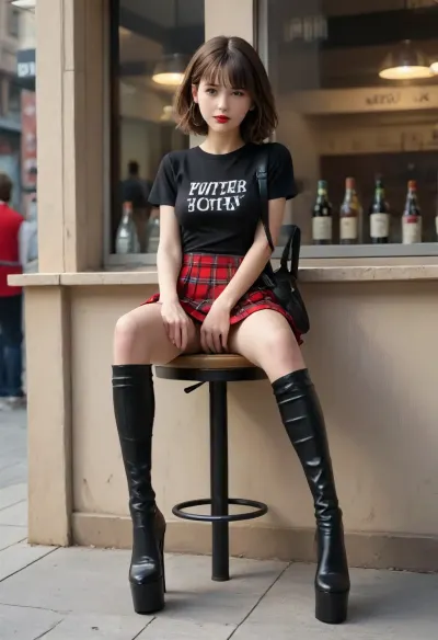 full body view, An insanely hot very busty very skinny very petite 20-year-old, sitting on a seat leaning against the backrest in a street café, sunny day, very skinny, very petite, long skinny legs, large saggy sloped breasts, long brown pixie straight hair, front view, upskirt, legs spread, wearing a black leather shoulder bag, tight black "AC/DC" t-shirt, tight black plaid mini skirt, (extremely high heels), black platform thigh high boots, red Lipstick, black eyeshadows