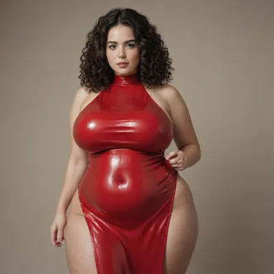 tall super thick chubby ssbbw, huge thick thighs, big bloated belly, huge breasts hh cup, red latex bodycon dress, long black curly hair