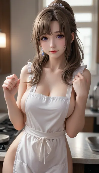 tsuujou kougeki ga zentai kougeki de ni-kai kougeki no okaasan wa suki desu ka?, oosuki mamako, 1girl, apron, bare hips, blush, breasts, brown hair, closed mouth, collarbone, hands up, high ponytail, large breasts, long hair, looking at viewer, naked apron, purple eyes, smile, solo, standing, swept bangs, white apron, (slut:2)
