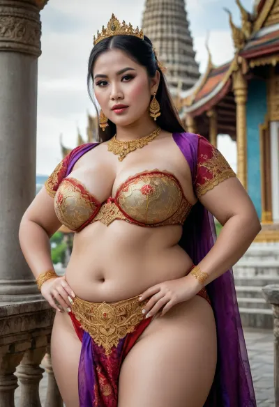 Thai beauty oversized bbw milf with oversized thick thighs in national costume, decollete. lace filigree of bright, rich color. Super clear, highly detailed watercolor, glaze technique, plus colored alcohol ink, king palace of bangkok in background