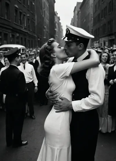 A black-and-white photograph of a sailor in a dark navy uniform passionately kissing a woman in a white dress in the middle of a busy city street. The sailor tilts the woman back, holding her waist and neck, while she leans dramatically into the kiss. The background features vintage 1940s buildings, classic advertisements, and a lively crowd of people celebrating. The scene has a documentary-style, historic feel, reminiscent of mid-20th-century war victory celebrations. Captured in the style of Alfred Eisenstaedt, with strong contrast, deep shadows, and film-like grain.