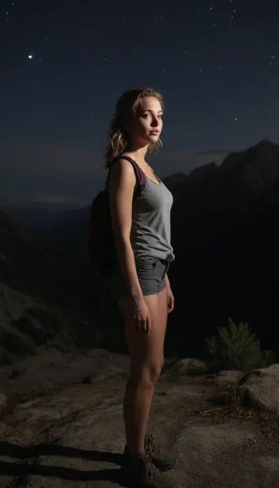 The image is a photograph featuring a young woman standing outdoors in the night on a mountainous terrain, likely a hiking trail. She has a light skin tone and appears to be of Caucasian descent.

40 years woman dutch, very sexy montain instagrammer., (full body shot:1.6), (photorealistic:1.4), (masterpiece:1.4), (Hard flash:1.2), (shot on an iphone:1.3), (amateur photo, candid photo:1.2), (night time, m, lights off, moody lighting, camera flash, overexposed, harsh flash:1.2), (Taken with iPhone:1.3), .


The overall composition emphasizes the contrast between the rugged terrain and the tranquil seascape