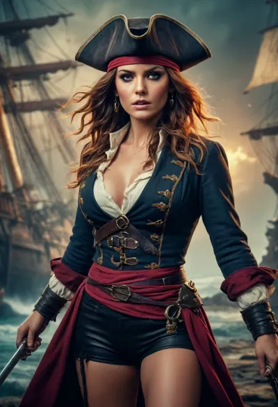 GLAMOUR PIRATE FILM POSTER, IN THE STYLE OF EPIC MOVEMENT, DYNAMIC COMPOSITION, CINEMATIC COLOR GRADING, STUNNING, PHOTOREALISTIC, CHAOTIC ACTION, INTENSE EMOTION., <lora:add-detail-xl:.5>