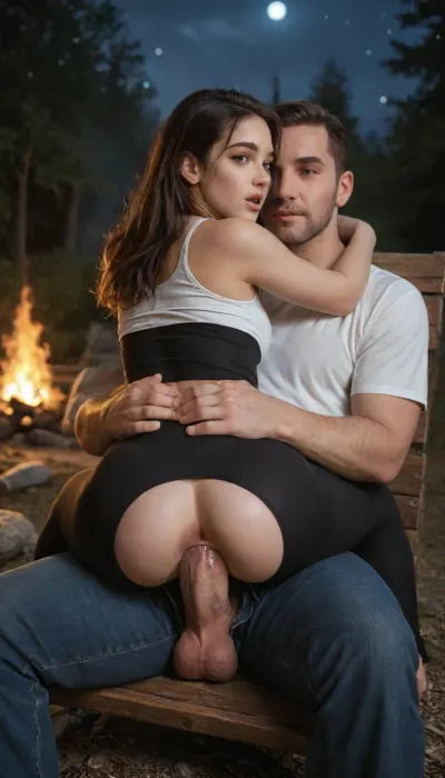 score_9, score_8_up, score_7_up, absurd_res, hi_res, (man in his early 40s sitting on chair around a campfire at night, cute girl on lap:1.1), ((open pants)), ((Sports leggings)), ((anal sex)), ((big dick penetrating ass hole)), hug, anal, pussy_juice, stealth_sex, cum, naked, smug, surprised, exhausted, rolling_eyes, 18 year old brunette woman with large round tits, long brunette hair, straight hair, green eyes, detailed face, intricate details, hyperdetailed, very aesthetic, motion_lines, GapingAssholesAllFourQuiron, pose, all, fours, from, behind, spread, ass, <lora:add-detail-xl:1.8>, <lora:SDXL1.0_quiron_GapingAssholesAllFour_v5.1p_Lora:1.2>