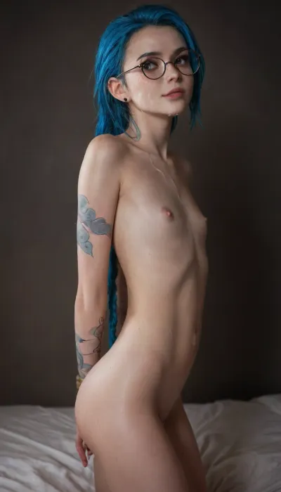 Trashy, (Loose hair), (Cum:1.5), (Flat chest:1.5), (small tits:1.5), (small breasts), (small butt:1.5), ((very skinny:1.5)), ((18-yo:1.7)), Dark hair, ((Cute face, round-rimmed glasses)), sad+crying, solo, bun of hair, covered in tattoos, skinny, legs tied to the bed, tied up, play of light and shadows, very detailed, highres, 8k, photorealistic, intricately detailed face, dark background, dirty, ugly oom, sex dungeon, her skin is wet, sweaty, jinx, (league, of, legends), bukkake, cum, <lora:MIAOKA_JINX_1.0_SDXL:1>, <lora:MS_Real_XL_Bukkake:.5>