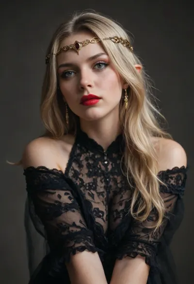 Tall, evil beautiful queen, wearing elf style circlet, blonde long straight hair, full body shot, black, black gothic makeup, tall, beautiful perfect figure, perfect tall legs, charming eyes, sad yet gracious face, dark background, fantasy art capturing the style of Aaron Horkey, Jeremy Mann and Luis Royo, body-focused composition from a low angle, alluring figure, dark fantasy, dynamic composition, white colors, red lipstick, warm hues, rendered in colorful ink flow, showcases acrylic calligraphy, watercolor techniques integrated seamlessly into a maximalist masterpiece, detailed with gouache fluidity, golden hour light