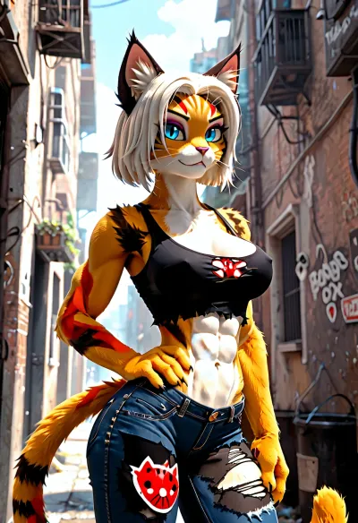 1girl, ((furry feline female in a dark alley)), grey and black striped cat anthro, looking at viewer, black cat's head, alone, big tits, muscular, thin, slim, abs, small ass, city theme, torn blue jeans, tank top torn off exposing tits, fursuit, <lora:FursuitXL:.6>, <lora:Hegre-Nude_woman-000001:.5>