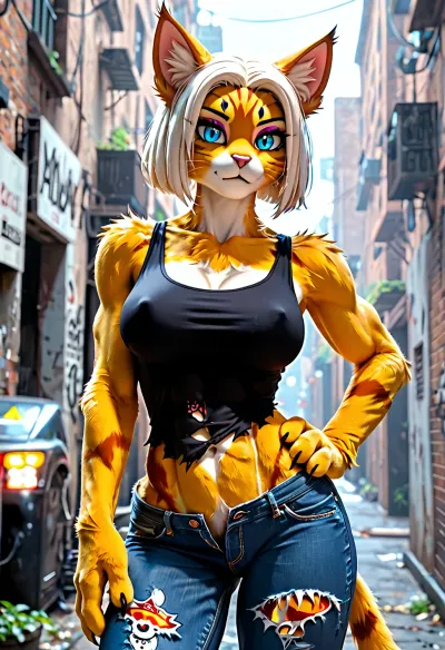 1girl, ((furry feline female in a dark alley)), grey and black striped cat anthro, looking at viewer, black cat's head, alone, big tits, muscular, thin, slim, abs, small ass, city theme, torn blue jeans, tank top torn open exposing tits, fursuit, <lora:FursuitXL:.6>, <lora:Hegre-Nude_woman-000001:.5>