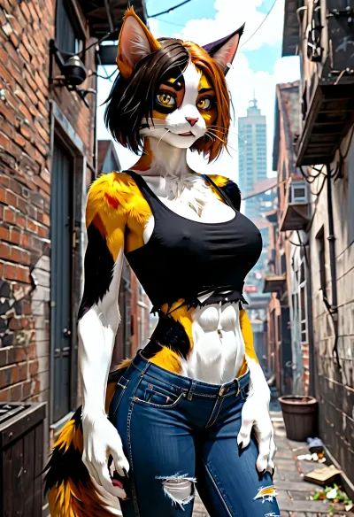 1girl, realistic, ((furry feline female in a dark alley)), calico cat anthro, looking at viewer, calico cat's head, alone, big tits, muscular, thin, slim, abs, small ass, city theme, torn blue jeans, tank top torn open exposing tits, fursuit, <lora:FursuitXL:.6>, <lora:Hegre-Nude_woman-000001:.5>