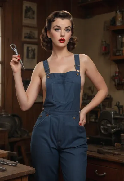 beautypinupart, style of Gil Elvgren, Fifties pin-up illustration, featuring a saucy woman, in a workshop, wearing dungarees, showing side boob, long eyelashes, pouting her lips, holding a spanner, <lora:PinupManiaXL_V1.0:1>