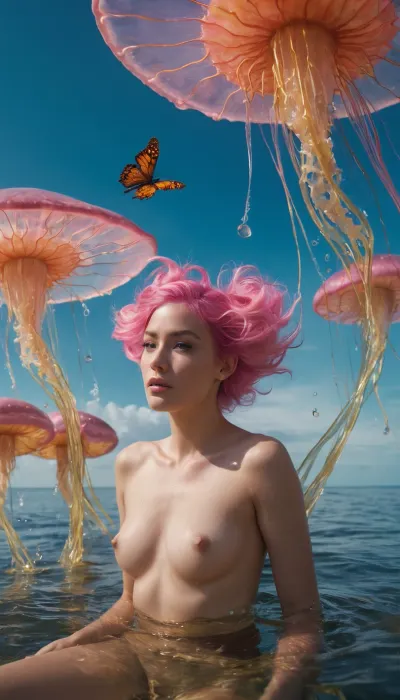 A mesmerizing nude woman with pink hair and cat ears lounges atop a massive, iridescent jellyfish that drifts lazily through a sky of swirling, liquid gold. The jellyfish’s tendrils dangle like shimmering curtains, occasionally sparking with neon bursts of static electricity. Below, a vast ocean made of molten glass reflects the scene in impossible colors. Gigantic hummingbirds with stained-glass wings hover in synchronized formation, their beaks spilling streams of glowing ink that form cryptic symbols in the air before vanishing. A floating, sentient teapot with far too many eyes pours endless cups of steaming stardust, while a procession of dapper, sentient mushrooms tap-dances along an invisible bridge. In the distance, an upside-down castle made of melting violins hums a ghostly lullaby, its towers unraveling into ribbons of light that twist and reform in an endless loop. The entire world breathes like a living dream, shifting between lucidity and delirium with each heartbeat.