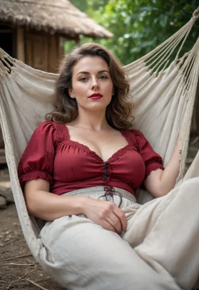 8k uhd raw capture: the russian peasant woman in soft light and film grain, relaxing in a hammock on the street