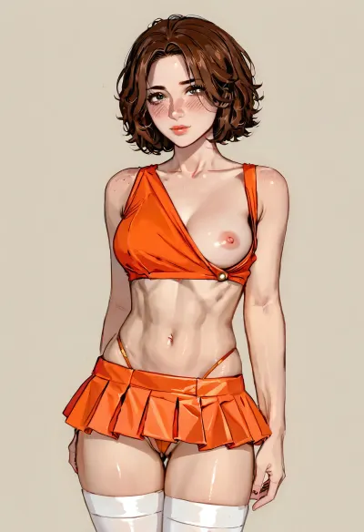 (1girl, brown hair, shoulder lenght hair), beautiful face, blush, freckles, breasts, (one breast out, braless, showing pussy), ((red micro skirt, orange crop top, white stockings, g-string panties)), ratatatat74, <lora:cartoon_stickers_xl_v1:.6>, <lora:ratatatat74-000050:1.6>