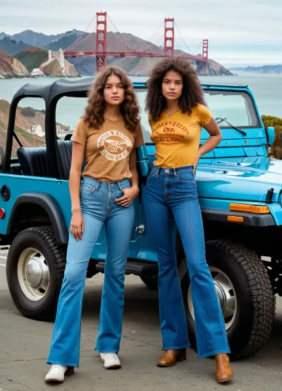 2 girls, 18 yo, photo in style of 70's, standing by an old hippie Jeep Wrangler, stripped tight t-shirt, tight hippie denim pants, fluffy hair, San Francisco street scenery