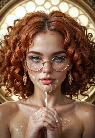 18 year old Irish redhead girl, very freckled, glasses, solo, cum_facial, cumshot, jewelry, earrings, front view, facing forward, very red symmetrical lips, round green eyes, Greek nose, long curly hair very detailed, round tits size D, natural skin tone, wet body, perfect fingers and hands, upper body view, round_glasses, piercing, cum_on_glasses, luxurious bedroom, detailed background, <lora:580159_training_data:1>