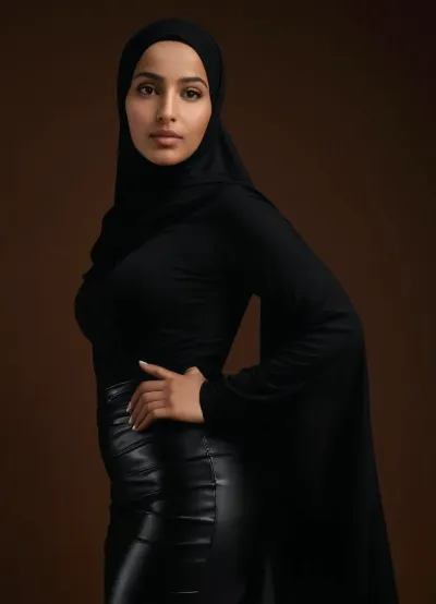 "An ultra-realistic image of a young Arab Algerian woman from Oran, her formal hijab tightly and neatly wrapped around her head, framing her soft, rounded face with high cheekbones, almond-shaped eyes, and a warm complexion reflecting her Oran heritage. Her full, voluptuous body is completely visible from behind, with an ultra-mini black leather skirt that barely covers her hips, exposing much of her lower body. The contrast between her modest hijab and the exposed, curvy contours of her figure creates a striking balance. She wears sleek stiletto heels that elongate her legs, enhancing her bold posture. The scene is lit with professional studio lighting, where the softbox creates a lifelike glow that highlights the texture of her skin, the sheen of the black leather, and the soft folds of her hijab. Every detail—from the contours of her curves to the reflections of light on her exposed skin—is captured with stunning precision, offering a hyper-realistic depiction of beauty, sensuality, and cultural elegance."