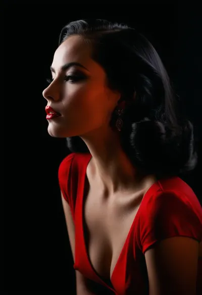 An intimate black and white 1930s noir inspired profile of an intense woman with her long inky black hair framing her fierce features. She is seated in a gloomy corner of a smokey bar, wearing a stylish red dress dress accentuating her slender neckline and defined jaw. Her heavy makeup is smokey and sultry with thick winged eyeliner while her red lipstick provides a shock of color against her pale creamy porcelain skin. Minimalist moody chiaroscuro lighting and a Dutch angle creating a dramatic effect. The overall mood of the image is sensual and alluring, with undertones of anticipation and desire., (black background, chiaroscuro lighting, Dutch angle:1.4), ZipRealism, <lora:dark:1.4>