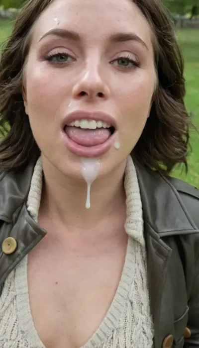 closeup of a girl's glossy lips with strings of cum between upper and lower lip, (pale skin), (dark green eyes), (strings of cum:1.3), (threads of cum:1.3), (cum between lips), (dripping cum), (cum dripping from teeth:1.3), (pink lips), (skin pores), (detailed skin), (beautiful face), (short wavy hair:1.4), (loose curls), (brunette hair), (pixie cut), (Northern European), (freckles), (cum hanging from teeth), (mouth open:1.2), (clothed:1.4), (brown cord jacket:1.5), (long, green, knitted scarf:1.1), (wearing a pullover:1.4), (realistic transparent liquid), (close up of lips:1.4), (detailed teeth), (realistic teeth), (imperfect teeth), (in a green park on a summer's day), (finely detailed skin:1.2), (skin blemishes)