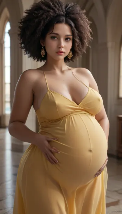curvy tall, huge pregnant belly, african bbw, yellow bodycon mini dress, huge boobs, afro hair