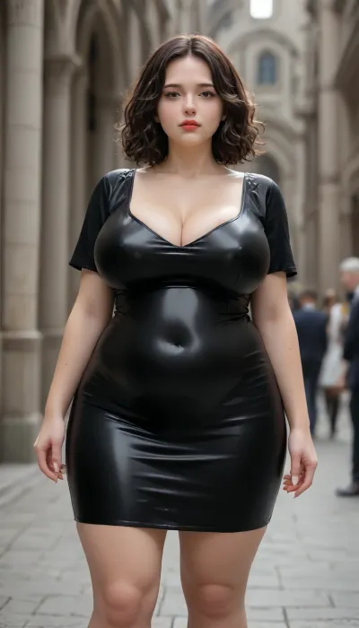 tall super thick pear shaped chubby obese ssbbw, huge thick thighs, big bloated belly, huge breasts hh cup, red and black latex maxi dress, long black curly hair
